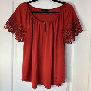 Adrienne Vittadini Burnt Orange Crochet Sleeve Top Boho Chic Lightweight Size L